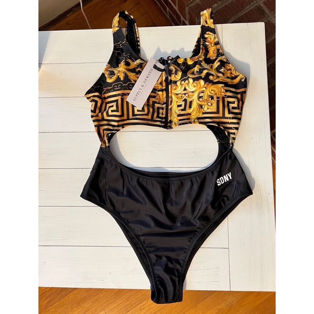 Swimsuit One Piece Women's M Black and Gold Zipper Swimsuit Cutout Women's M A1 - Picture 3 of 10